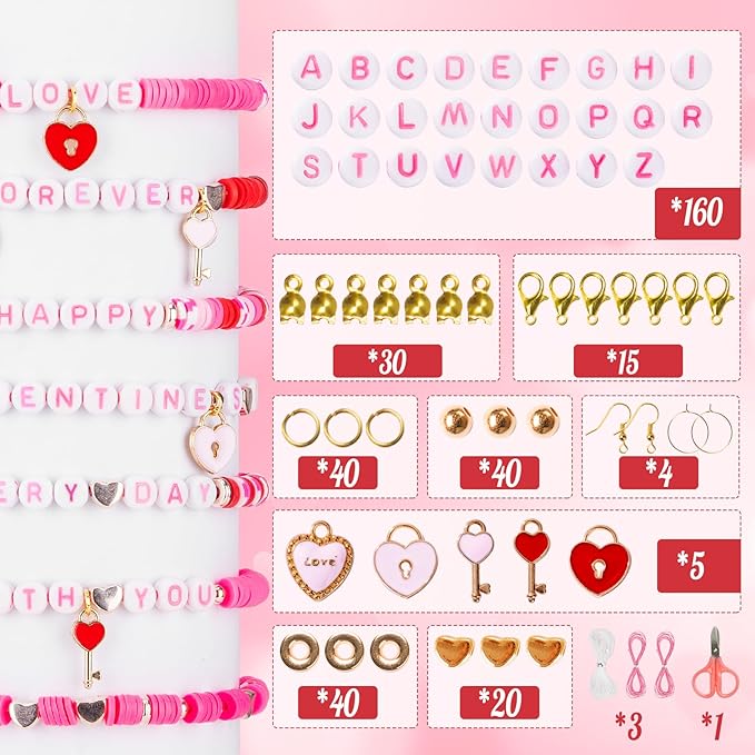 Goldwise Valentine's Day Friendship Bracelet Kit, Pink Beads, Jewelry Making Kit with 5 Kinds of Unique Pink Clay Beads, Letter Beads and Charms, GIFS for Fans, Couples and Best Friends