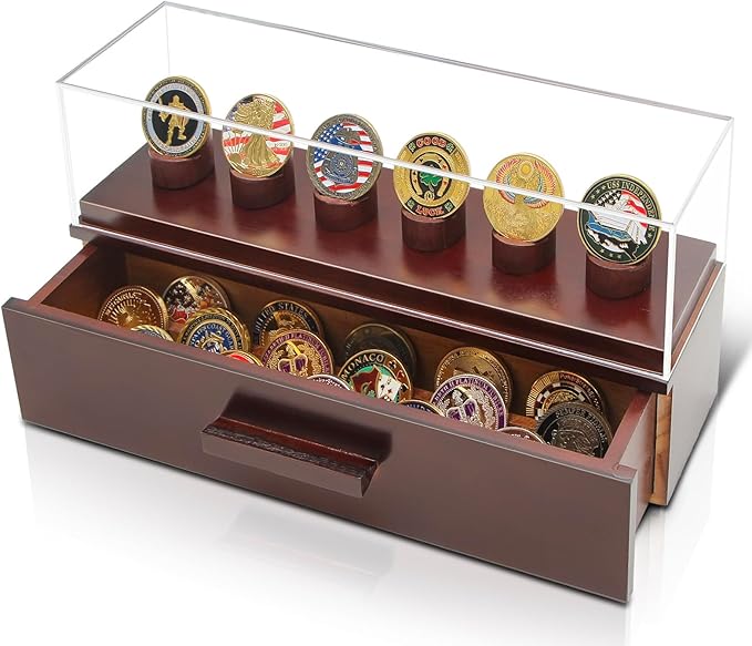 Challenge Coin Display Case, Military Coin Collection Holder with Wooden Coin Box, Drawers, and Clear Acrylic Lid – Gifts for Coins Collectors (6 Pillars)