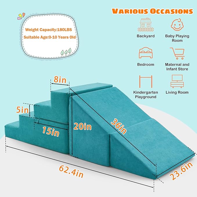 jela Toddlers Climbing Toys Indoor, Toddler Indoor Playset, Safe Soft Foam Climbing Blocks with Slide Stairs, Climbing Toys for Toddlers Luxury Miss Fabric, Soft Couch Slide (Lightblue)