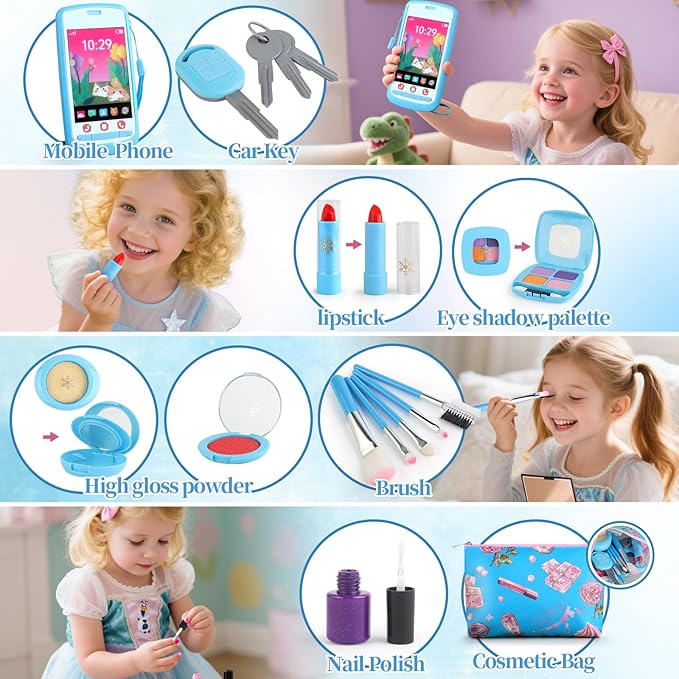 Pretend Makeup Kit for Kids 3-5, Blue Fake Makeup Set for Toddlers Girls, Play Makeup Gifts for Little Girls Age 3 4 5 6 7 Year Old, Make Up Toys Birthday (Blue)