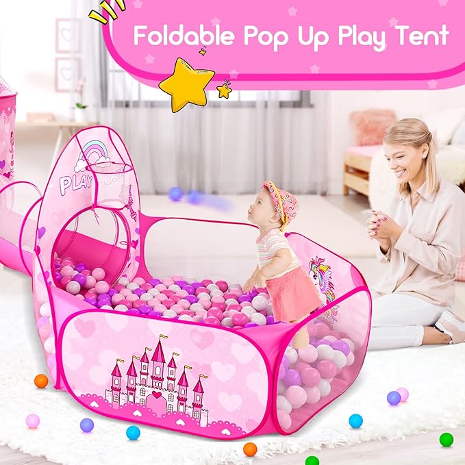3pc Kids Play Tent for Girls with Ball Pit, Crawl Tunnel, Princess Tents for Toddlers, Baby Space World Playhouse Toys (3PC Princess Dream Tent)