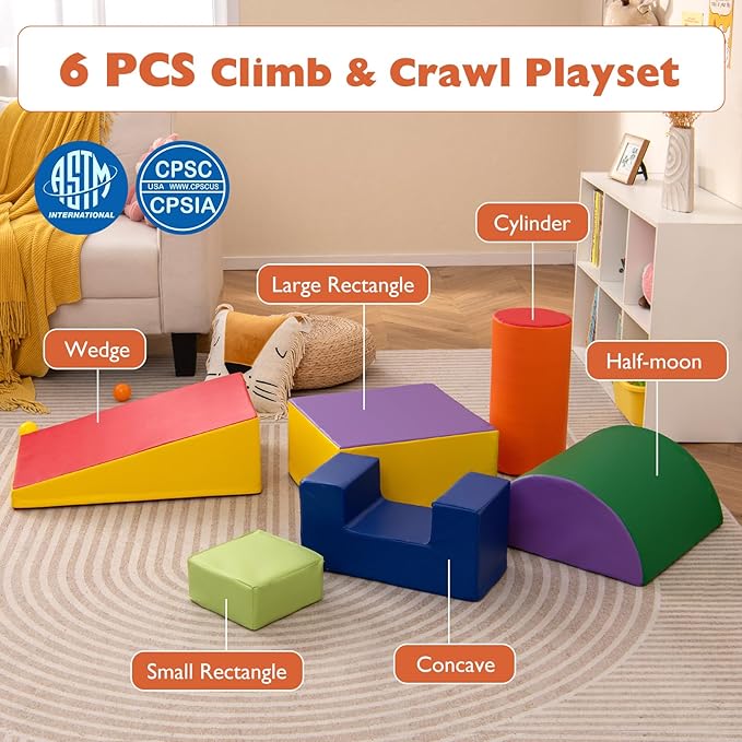 Costzon Toddler Climbing Toys, 6 Pieces Climb and Crawl Playset with PU Cover for Baby Crawling, Climbing & Playing, Indoor Foam Climbing Blocks for Toddlers