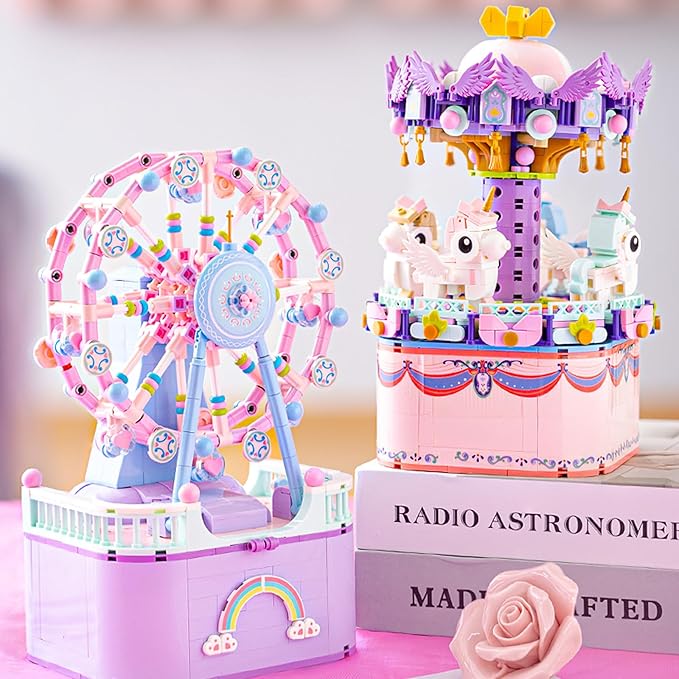 Music Box Building Toys, Rotating Ferris Wheel DIY Building Block for Girls and Boys 6-12 Years Old, 710 pcs, Christmas and Valentine Gifts for Adults and Aged 8 9 10 11 12 Kids
