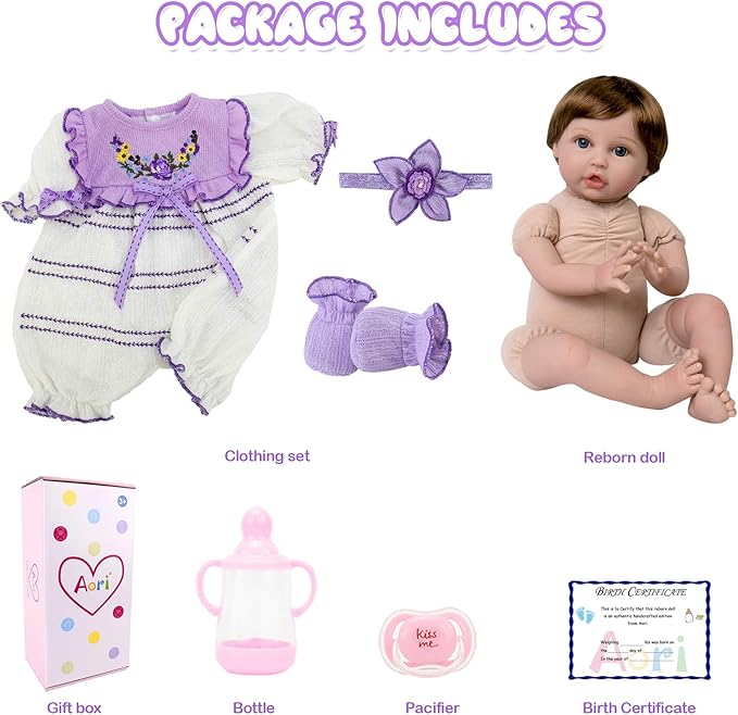 Aori Reborn Baby Dolls - 22 Inch Realistic Lifelike Baby Girl - Handmade Vinyl Reborn Doll with Feeding Set & Purple Outfit | Newborn Baby Doll for Kids 3+, Collectors, Role Play