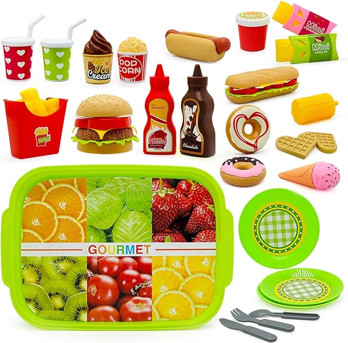 26PCS Pretend Play Kitchen Food Set - Dessert Toys with Hamburger, Hot Dog, Fries, Drink & Tray Detachable Play House Kitchen Accessories Role Play Toys Gift for Toddlers Boys Girls 3 4 5+ Years Old