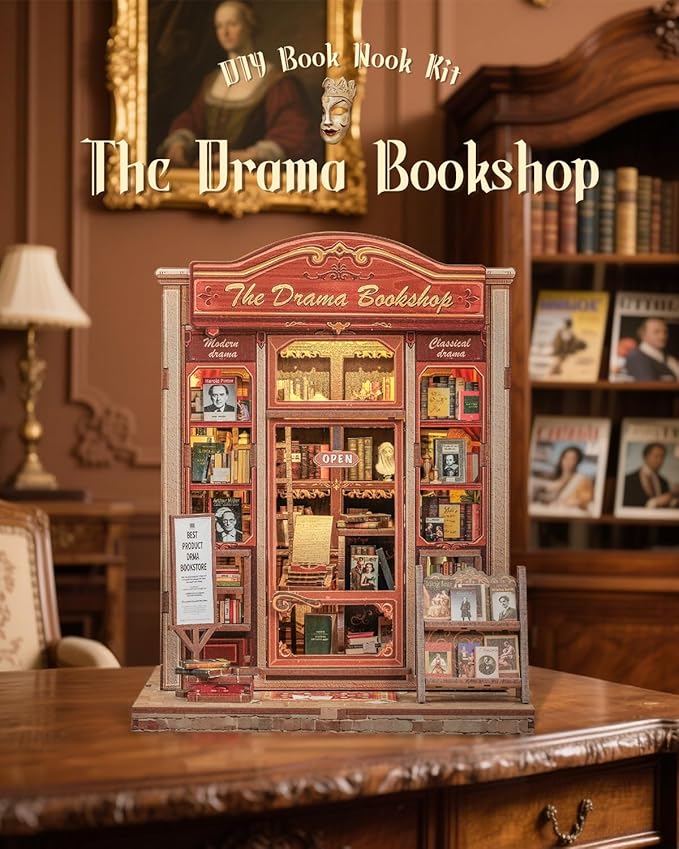 Cutefun Book Nook Kit - DIY Miniature Dollhouse Booknook Kit for Adults and Teens, Tiny House Bookshelf Insert Decor with LED Light, Gifts for Family and Friends (The Drama Bookshop)