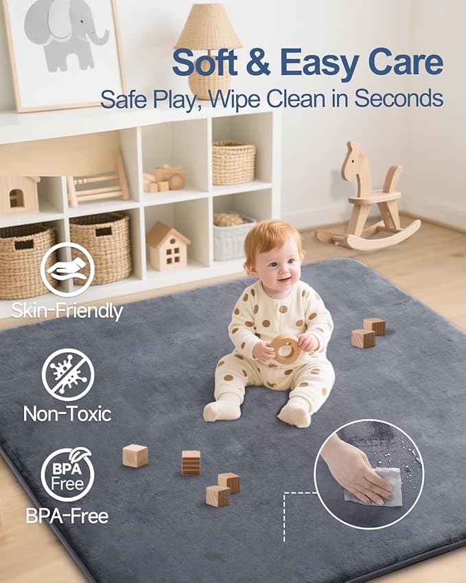 Thick Baby Play Mat for Floor,59 x 71 Playpen Mat,Large Tummy Time Foam Mat,Ultra Soft Support & Plush Feel Nursery Rug,Easy Care with Non-Slip Cushioned for Infant,Kids and Toddler Crawling,Dark Grey
