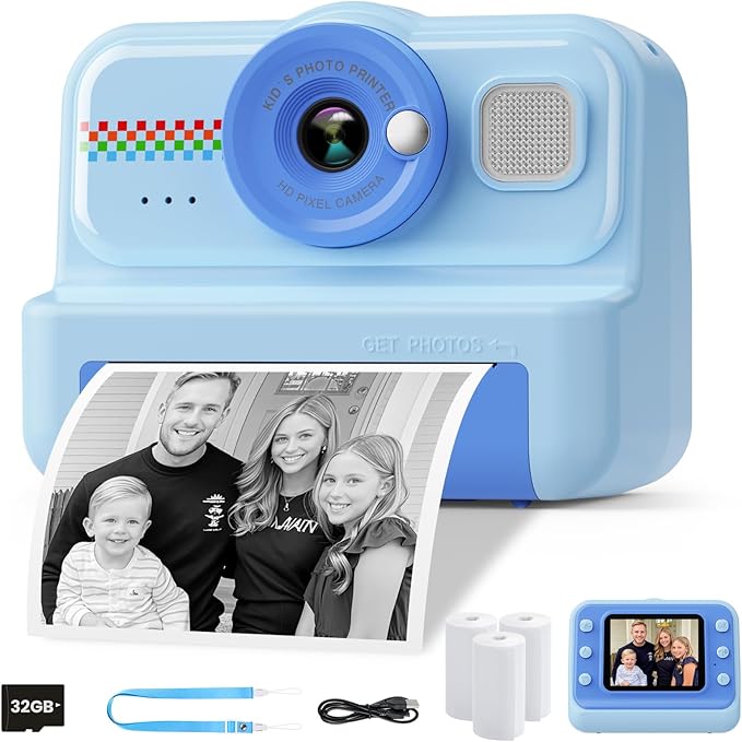 Kids Instant Print Camera - 1080P HD, 3 Rolls Paper & 32GB Card, Ideal Gift for Boys & Girls Age 3-14 (Blue)