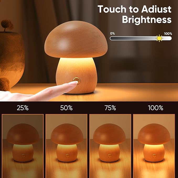 Wooden Mushroom Lamp, Portable Cordless Rechargeable Battery Operated Lamp,Stepless Dimming, Night Light for Birthday Gifts