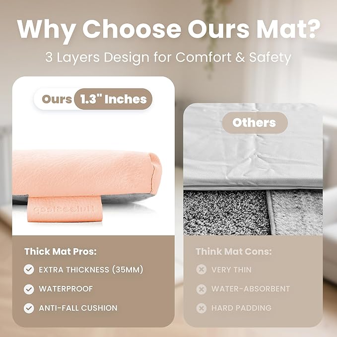 Baby Play Mat 50x50 Inches,1.3" Thick Padded Waterproof Floor Cushion & Playpen Mat with Vegan Leather,Non-Slip & Non-Toxic Nursery Rug for Infants, Toddlers & Kids(Pink)