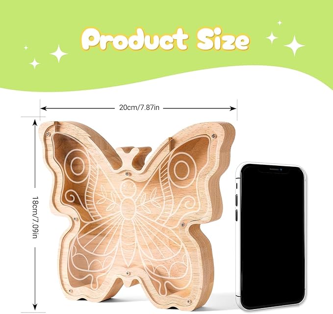 Wooden Butterfly Piggy Banks for Kids Money Coin Bank, Elegant Unbreakable Piggy Bank Kids Safe Money Box, Toddler Birthday Baptism Gifts for Girls Boys Butterfly Lovers, Small