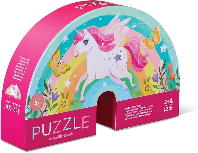 Crocodile Creek 12-Piece Mini Jigsaw Puzzle - Fun Floor Puzzles for Kids Ages 2-4 and Up - Heavy-Duty Shaped Box for Storage - Sweet Unicorn - 12" x 9" Finished