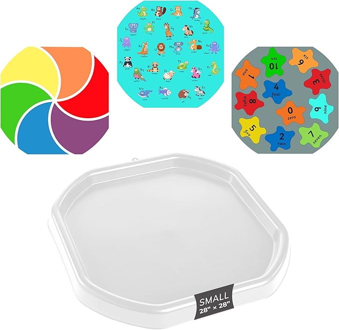 MEKA Tuff Tray with 3 Play Mats, Sensory for Kids Alphabet, Numbers, Color Themes, Indoor Outdoor Use, Home or Classroom (White, Small 28" x 28")