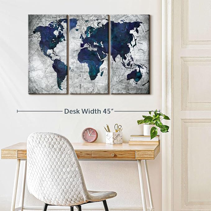 ElephantStock Deep Blue World Map Multi Piece Canvas - 3 Panel Wall Decor - Map of the World Art - Canvas for the Office and Home - 38" X 24"