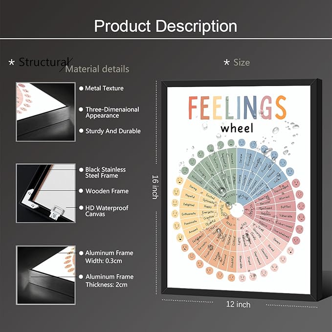 uoyien Feelings Wheel Emotions Poster Feelings Emotions Chart Preschool Classroom Must Haves Canvas Wall Art Prints Calming Corner Classroom Decor Mental Health Therapy Posters 12x16in Metal Framed