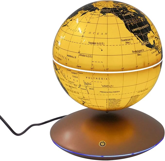 Floating Magnetic Levitation LED Globe, 6 Inch, Gold, Political Map, Metal Base