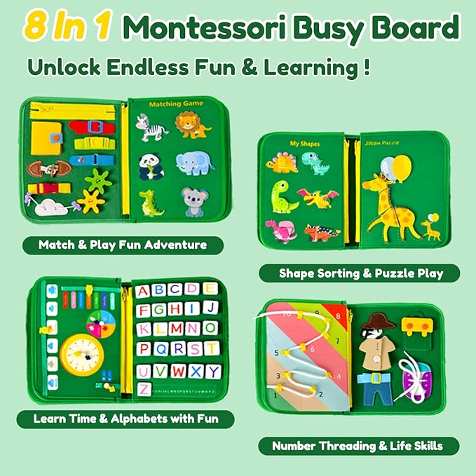 Qizfun Busy Board Montessori Toy for Toddlers, Educational Sensory Learning Toy for Fine Motor Skills, Preschool Travel Toy for Airplane & Car, Gifts for Boys and Girls