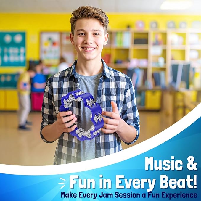 Flexzion Flower Tambourine - 8 Inch Handheld Percussion Instrument w/Metal Jingles & Ergonomic Grip - Small Tambourines for Adults, Kids, Church, Parties, & Musical Events (Blue)