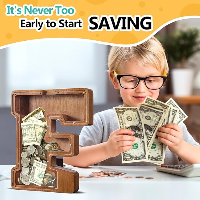 Summidate Customized Name Extra Large Wooden Piggy Bank for Kids Boys Girls Alphabets Letter A-Z Coins Bills Money Change Saving Box Clear Cover (Laser Engraved) Educational Toys 12"- Letter F