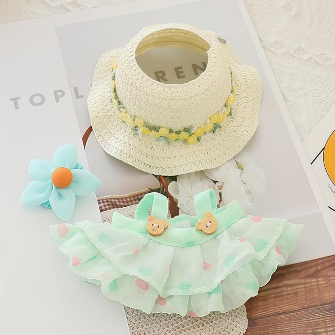 Clothes for Doll Accessories (No Doll), Kawaii Hat Skirt Outfit Set 3 Pieces for 15cm 17cm Dolls Suit, Stylish Flower Dolls Hat Clothing Set Replacement Green