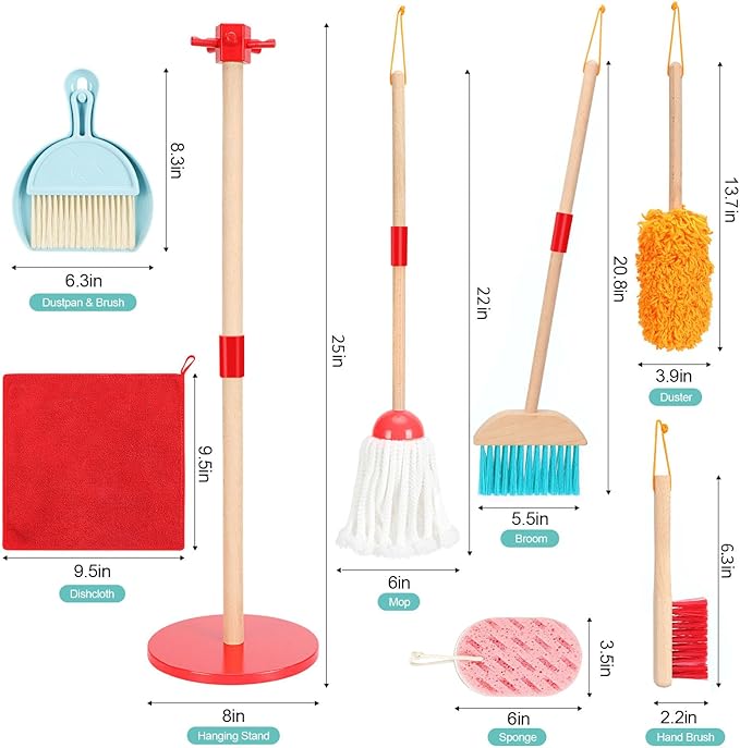 WHOHOLL Wooden Kids Cleaning Toy Set Toddler Broom and Dustpan Set for Housekeeping 9 Pcs Broom and Mop Set for Toddlers 3-5, Baby Cleaning Toys with Sponge, Birthday Gifts for Boys and Girls