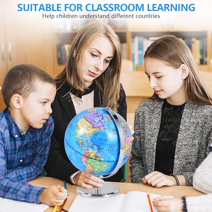 8 Inch World Globe Rotating Earth Spinning Globe with Heavy Metal Stand for Kids Geography Classroom Education or Office Home Decorations