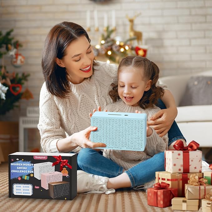 Wooden Money Saving Box, Cash Vault Savings Box for $10000 $5000 $3000 $1000 $800 $500 Target Money Saving Challenge, Reusable Money Box with Counter, Dry Erase Pen/Savings Trackers/Rubber Band-Blue