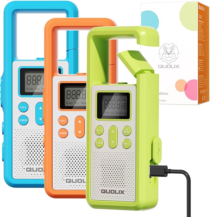QUOLIX Walkie Talkies for Kids 3 Pack Rechargeable with SOS/NOAA/VOX Hands-Free, Durable Kids Walkie Talkies for 3-12 Year Old Boys Girls, Outdoor Backyard Camping Trio Family Fun Birthday Gifts