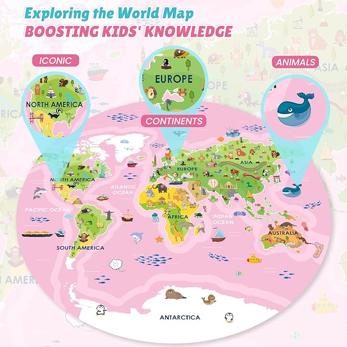 ELX 70 Piece Large Floor Puzzle for Kids Ages 4-8,Mermaid Princess & World Map Jigsaw Puzzles,Double-Sided Ocean Round Puzzles for Toddlers,Educational Toys for 4-8 Year Old Boys&Girls (22.5 Inch)