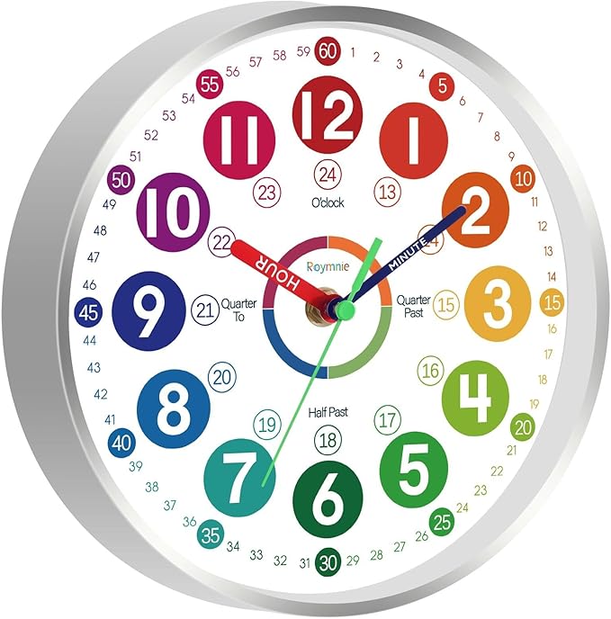Wall Clock for Kids Learning - Teaching Time Wall Clocks Battery Operated Silent Non Ticking - Analog Colorful Clock Decorative for Kids Room Classroom School(10 Inch&Silver)