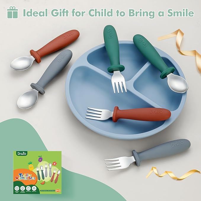 DRKIO 6 Pieces Toddler Utensils Set - Kids Silverware Set with Silicone Handle Children Safe 18/8 Stainless Steel Forks and Spoons Anti-Choke Design Food Grade Dishwasher Safe