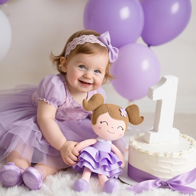 Gloveleya Princess Tutu Doll – 14 Inch Soft Plush Baby Doll for Girls with Purple Dress & Gift Bag, First Baby Doll for Toddler Girls, Birthday Present, Baby Shower & Holiday Keepsake