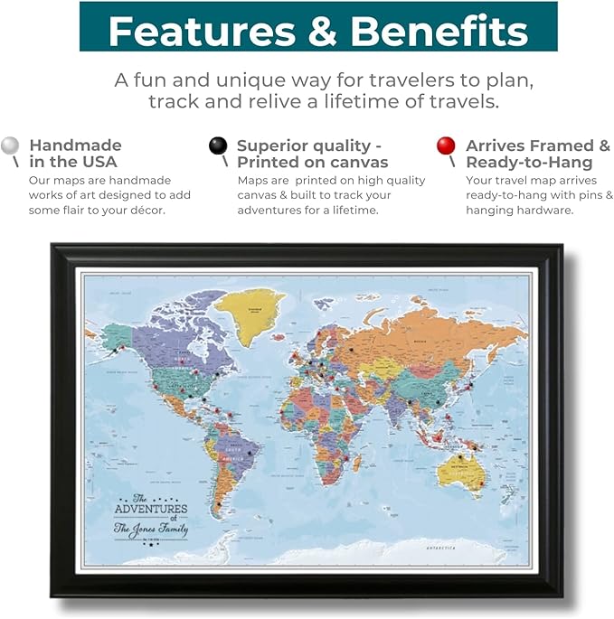 Canvas - Personalized Blue Oceans World Push Pin Travel Map with Solid Wood Cherry Red Frame