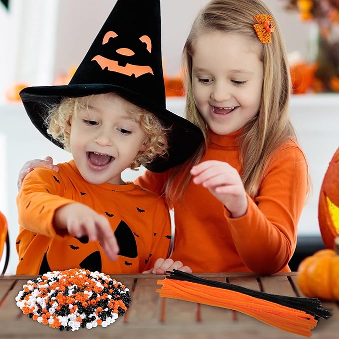 Hicarer 1250 Pieces Halloween Pony Beads DIY Kit Including 600 Pieces Halloween Crafts Pony 600 Pcs TRI Beads 50 Pcs Chenille Stems for Decor