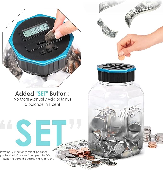 X-Large Piggy Bank for Adults Kids, Vcertcpl Digital Coin Counting Bank with LCD Counter, 2.4L Capacity, Great Coin Counter Bank Money Counting Jar with Total Amount Displayed (Blue, X-Large)