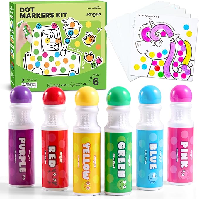 Jar Melo Washable Dot Markers, 6 Colors Dot Paints with 108 PDF & 10 Physical Activity Papers, Non-Toxic Bingo Daubers for Toddlers 1-3 2-4