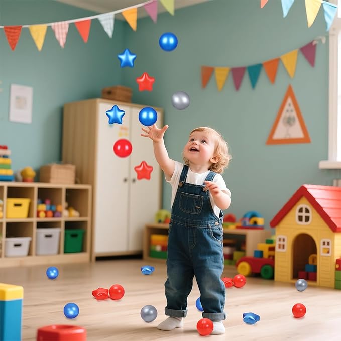 Ball Pit Balls Plastic Stars for Ball Pit BPA Free Plastic Balls Crush and Smash Proof Balls 100pcs 2.2" Set for Toddlers for Play Tent Tunnel (Red+Blue+Silver)