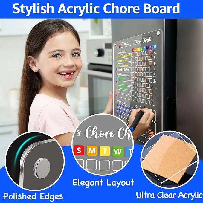 PigPotParty Acrylic Magnetic Chore Chart for Kids, 12"x16" Reward Responsibility Chart, Chores Checklist, 2 Weekly Dry Erase Fridge Board for Teens Adult Family Multiple Kids, w/ 12 Markers & Towel
