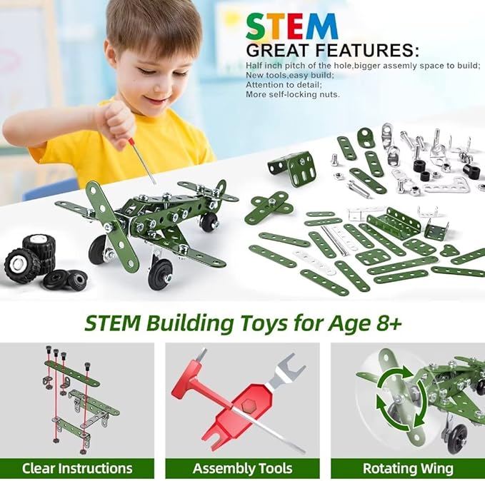 Metal Building Military Series Assembly Toys,Small Construction Set for Kids Ages 4-8, Military Toys for Boys Age 8-12,STEM Toy Gifts for Model Army Kit(166pcs No Motor)