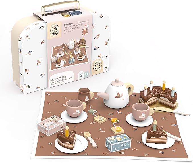 Speedy Monkey Birthday Tea Set for Kids – FSC Wooden Pretend Play Tea Party & Food Set with Teapot, Cups, Cake & Tea Bag – Toddler Girls Imaginative Role Play Kitchen Toy – Colorful Gift for Dollhouse