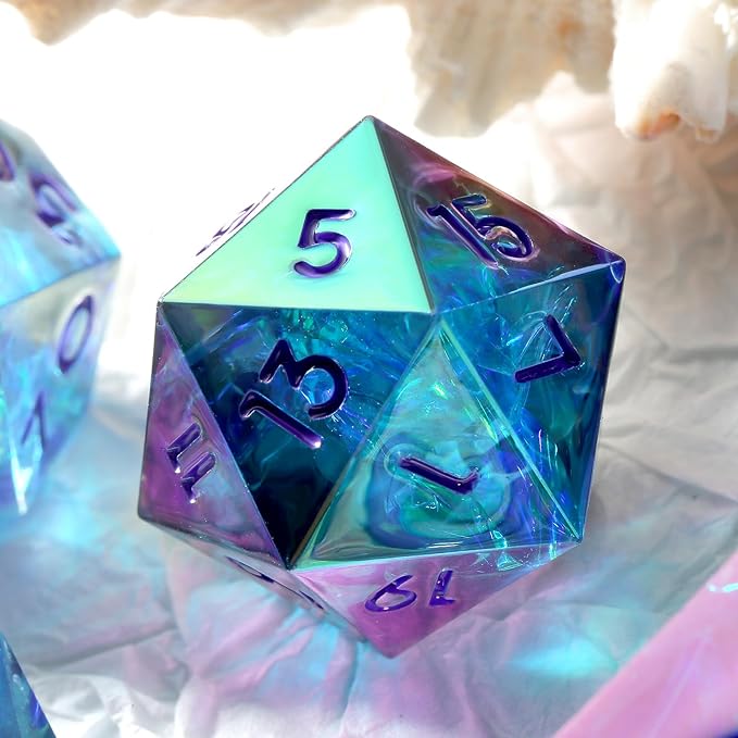 Iridescent Plating DND Dice, DNDND Handmade Resin Sharp Edge D&D Die with Gift Case for Dungeons and Dragon Tabletop Games (Iridescent Plating Green & Blue)