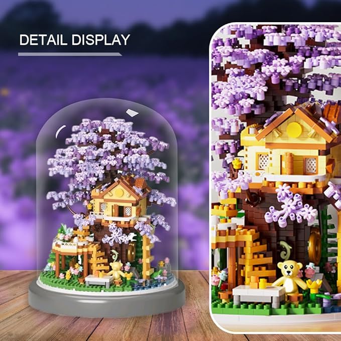 Cherry Blossom Bonsai Tree House DIY Building Flowers Set for Adults,2680PCS Challenging Mini Brick House Model Kit with LED Lights, Purple & Yellow Sakura Flowers, Includes Dust Cover for Display