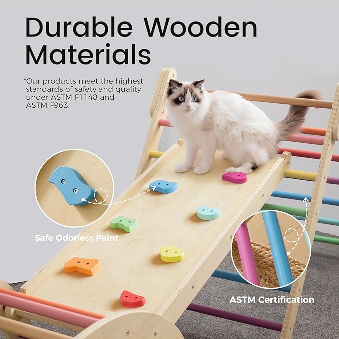 Tiny Land Pikler Triangle Set, 7-in-1 Foldable Pikler Triangle Climbing Toys Set for Kids,Baby Indoor Playground Jungle Gym, Wooden Montessori Climbing Set for Toddler (Rainbow,Large)