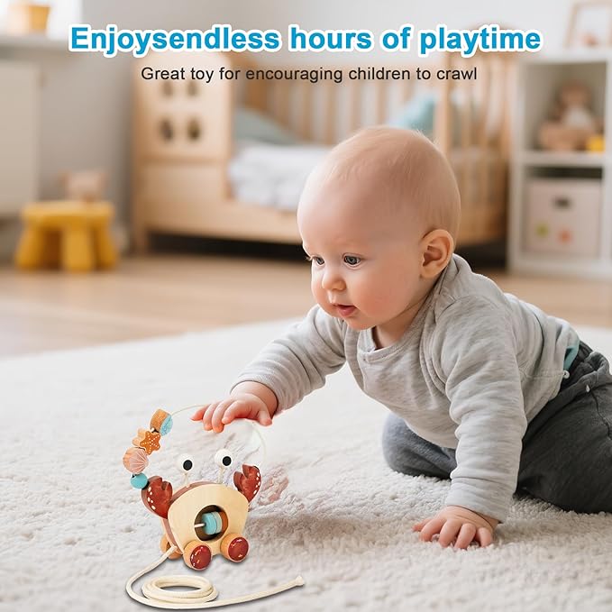 Pull Along Walking Toys. Wooden Crab Push and Pull Toy with Bead Maze, Wire Roller Coaster. Montessori Early Development Toy for Babies and Toddlers