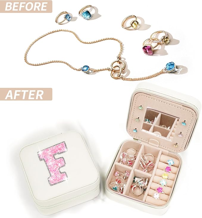 Personalized Jewelry Case for Women Girls - Fashion Mini Jewelry Boxes - Trendy Travel Jewelry Organizer with Initials Letter - Teen Gifts | Cream,F