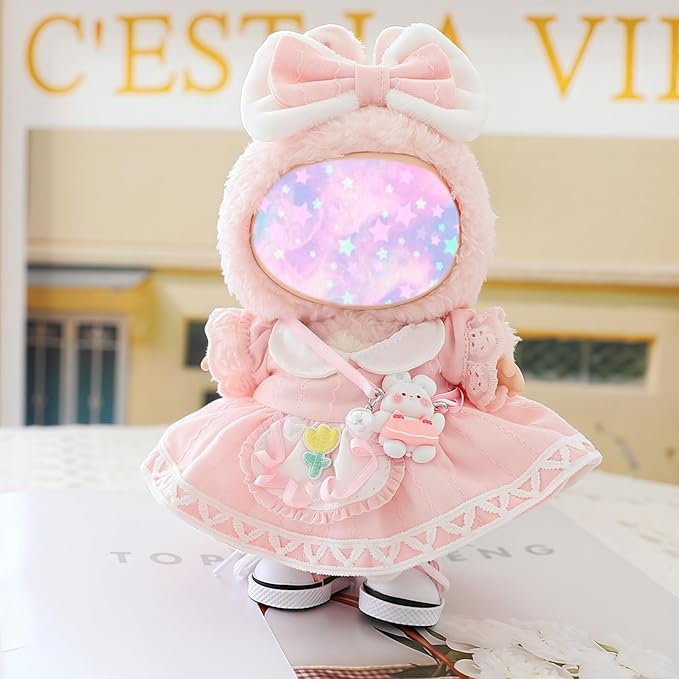 17cm Doll Clothes Set, 4 Pieces Dress Skirt Outfit Set for 6.7inch Doll Suit, Cute Fashion Bowknot Shoes Clothes Accessories for 1st/2nd/3rd Gen Dolls Play & Display Pink