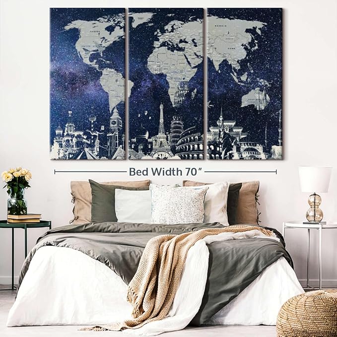 ElephantStock Starry World Map Multi Piece Canvas - 3 Panel Wall Decor - Map of the World Art - Canvas for the Office and Home - 74" X 48"