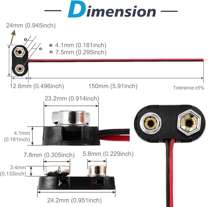 CHANZON UL Wire 9v Battery Clip Connector Holder T-Type with Hard Plastic Shell and Lead Wire Pack of 10pcs kit for Arduino LED Strip