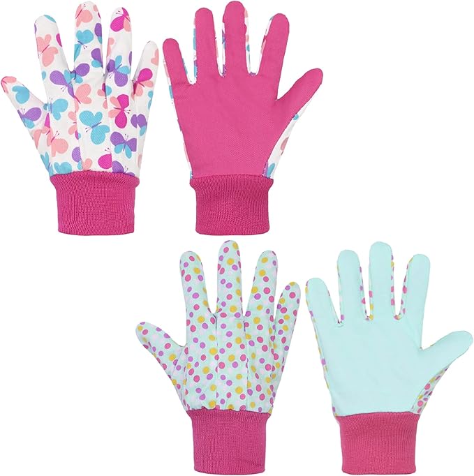 HANDLANDY 2 Pairs Kids Gardening Gloves, Girls Boys Children Garden Work Play Gloves (Pink Butterfly & Dot, Medium)