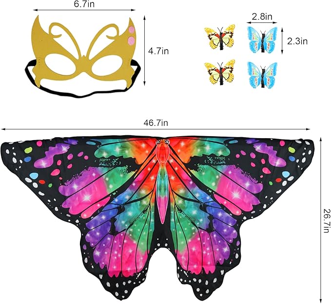 Butterfly Costume for Girls Fairy Wings Kids 4 Pcs(Cape,Skirts,Masks,Hair Clips) Butterfly Wings for Halloween Gifts